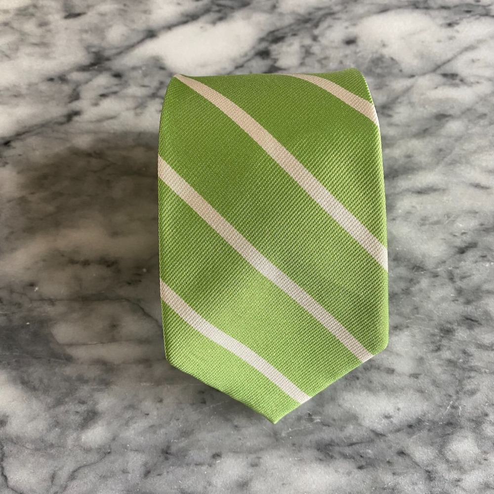 J. Mclaughlin Men's 100% Silk‎ Green White Diagonal Stripe Necktie~3" wide J76
